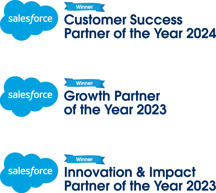 Salesforce awards: Customer Success Partner of the Year 2024, Growth Partner of the Year 2023, Innovation & Impact Partner of the Year 2023
